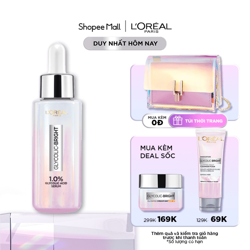 Serum dưỡng sáng mờ thâm nám L'Oreal Paris Glycolic Bright 1.0% Glycolic Acid (AHA) 30ml
